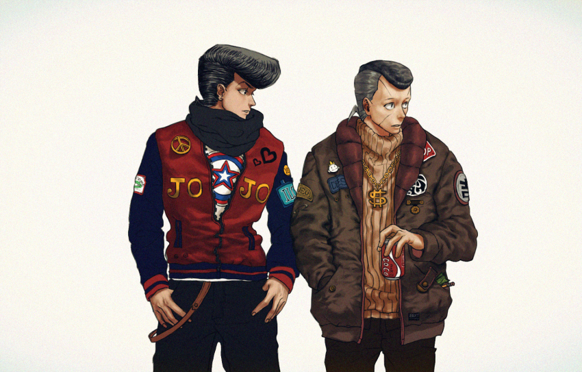 2boys aisikadan black_hair can chain chain_necklace dollar_sign drink_can earrings grey_hair hand_in_pocket higashikata_josuke highres holding holding_can jacket jewelry jojo_no_kimyou_na_bouken looking_to_the_side male_focus multicolored_hair multiple_boys necklace nijimura_okuyasu pencil pin pompadour ribbed_sweater scarf soda_can sweater thumbs_in_pockets turtleneck turtleneck_sweater two-tone_hair
