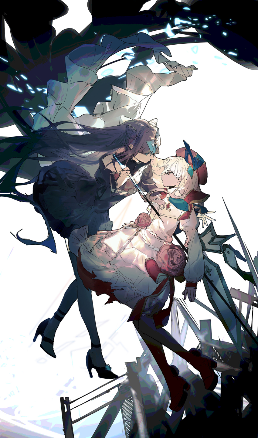 2girls arcaea black_legwear blue_eyes character_request commentary cone_hair_bun dress english_commentary hair_bun hat high_heels highres hikari_(arcaea) hikari_(fracture)_(arcaea) impaled lobelia_(saclia) long_hair long_sleeves midair multiple_girls profile purple_dress purple_hair red_eyes red_headwear tairitsu_(arcaea) tairitsu_(tempest)_(arcaea) thighhighs white_background white_dress white_hair