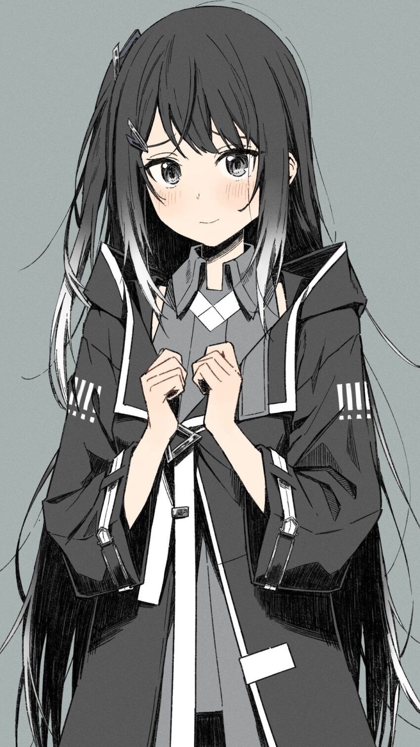 ! 1girl black_coat black_hair closed_mouth coat coefont collared_shirt gradient_hair grey_background grey_eyes grey_shirt grey_theme hands_up highres light_frown long_hair long_sleeves looking_at_viewer millial_(coefont) minatsuki_(m1natsuk1) multicolored_hair shirt sidelocks solo standing streaked_hair two-tone_hair white_hair wide_sleeves