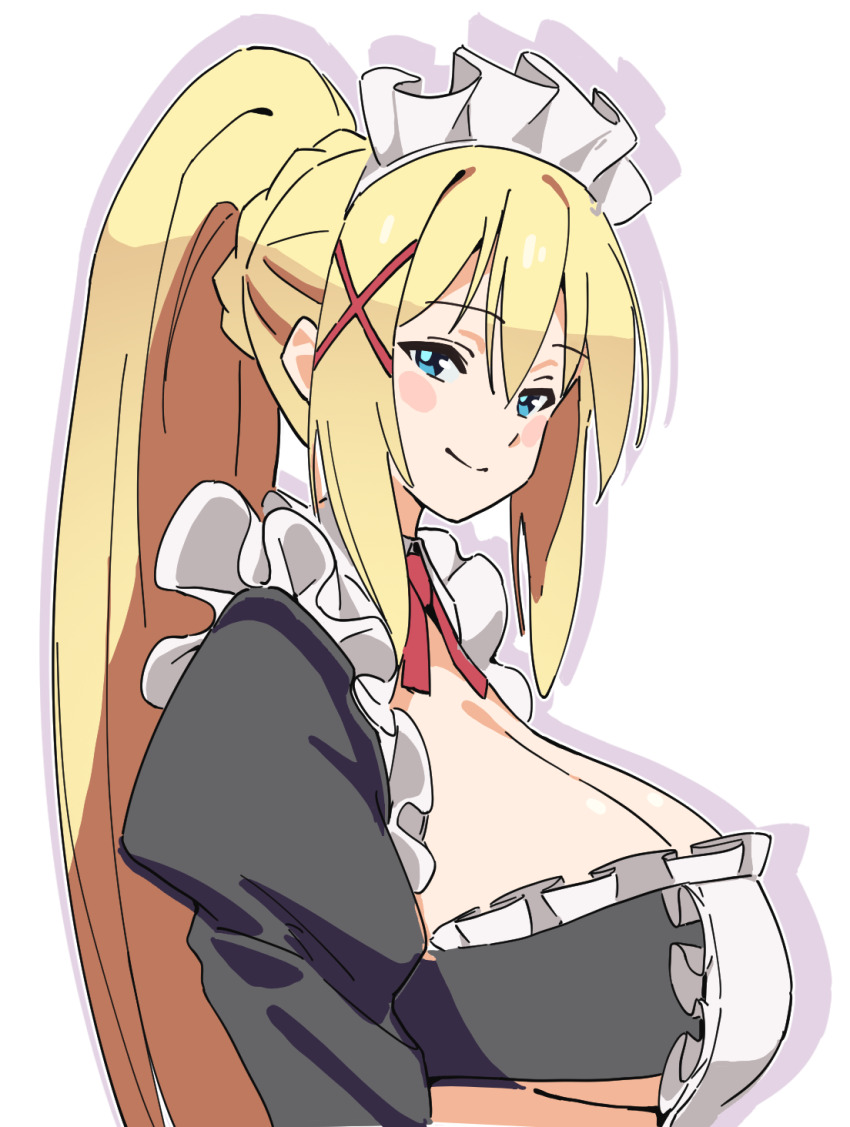 1girl alternate_costume blonde_hair blue_eyes blush_stickers braid breasts commentary darkness_(konosuba) drop_shadow enmaided frills from_side hair_between_eyes hair_ornament highres kono_subarashii_sekai_ni_shukufuku_wo! large_breasts long_hair looking_at_viewer maid maid_headdress neck_ribbon noyama_takenoko ponytail ponytail_with_braided_base red_ribbon ribbon simple_background smile solo upper_body white_background x_hair_ornament
