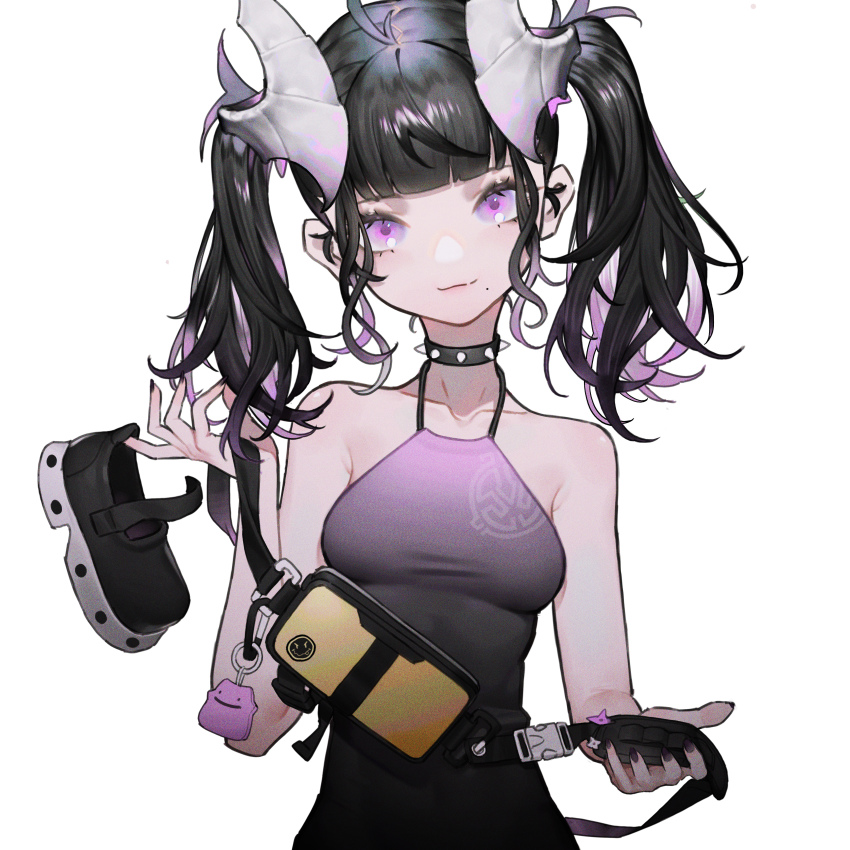 1girl absurdres alver antenna_hair armpit_crease bag bare_shoulders black_collar black_footwear black_hair black_nails charm_(object) closed_mouth collar collarbone ditto fingernails gen_1_pokemon highres holding holding_bag horns long_fingernails long_hair mole mole_under_mouth multicolored_hair nail_polish nintendo original pink_hair pokemon pokemon_(creature) purple_eyes purple_hair shoe_dangle simple_background smile solo spiked_collar spikes twintails white_background white_horns