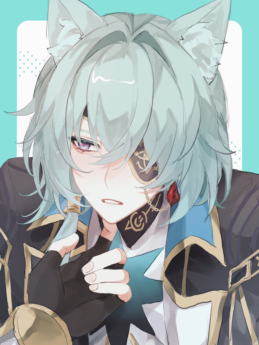 2boys absurdres anaxa_(honkai:_star_rail) animal_ears aqua_hair black_gloves cat_boy cat_ears eyepatch fingerless_gloves fz7047 gloves hair_between_eyes highres honkai:_star_rail honkai_(series) looking_to_the_side male_focus multiple_boys one_eye_covered parted_lips phainon_(honkai:_star_rail) pink_pupils solo teeth upper_body