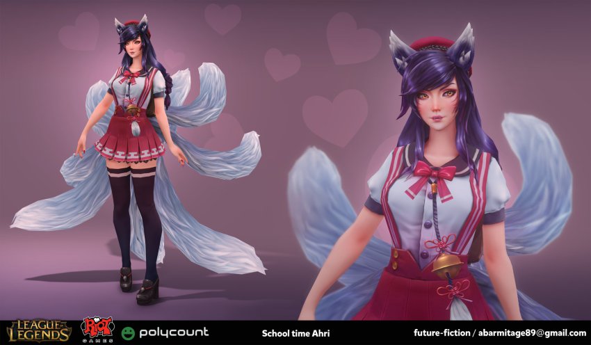 3d adapted_uniform ahri_(league_of_legends) animal_ears bell blair_armitage email_address highres jingle_bell league_of_legends multiple_tails purple_hair school_uniform skirt solo suspender_skirt suspenders tail thighhighs yellow_eyes