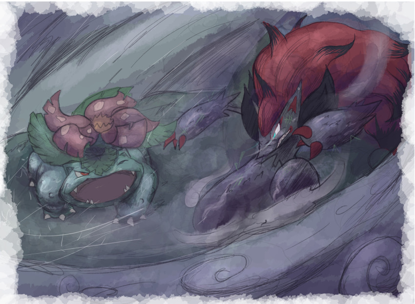 border claws commentary english_commentary eye_trail game_freak gen_1_pokemon gen_5_pokemon highres light_trail nintendo no_humans one_eye_closed open_mouth pokemon pokemon_(creature) red_eyes sharp_teeth smoke storm teeth venusaur venusaur-propaganda white_border zoroark