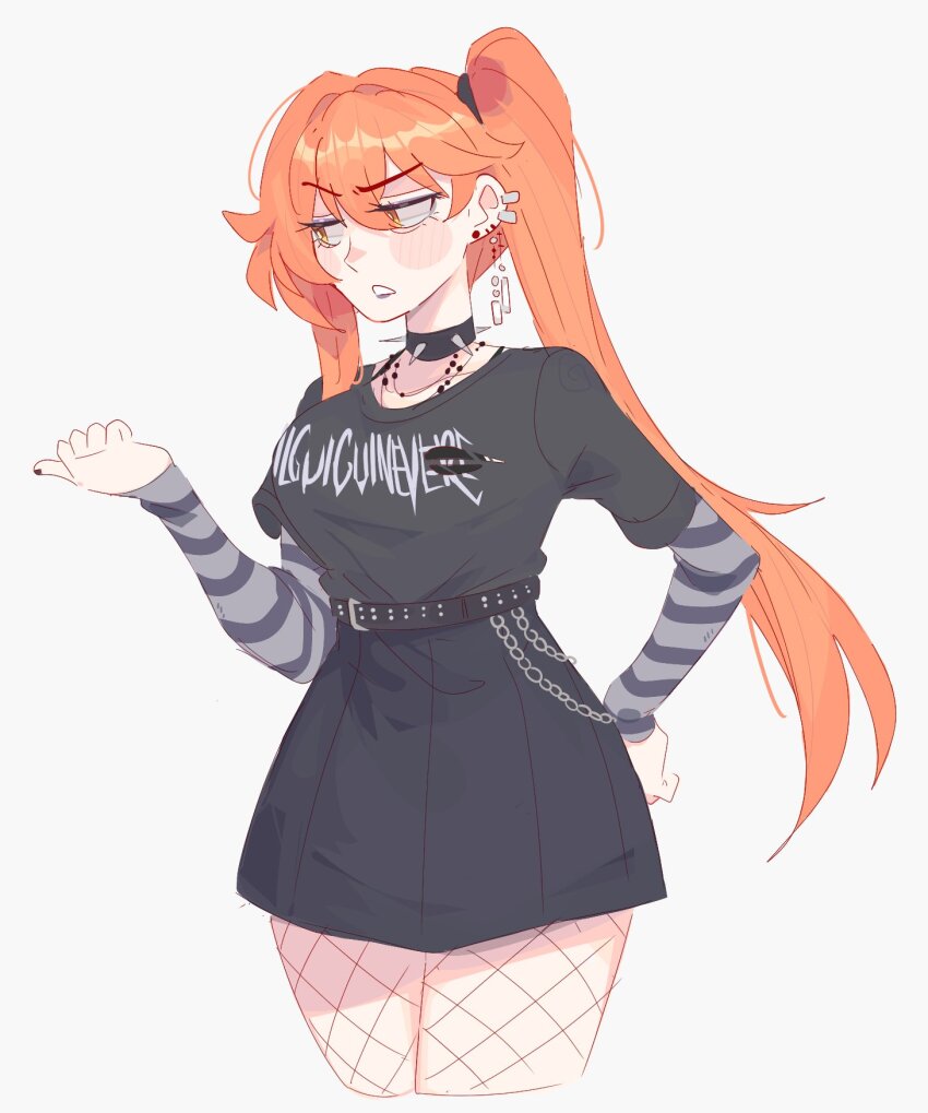 1girl alternate_costume belt black_belt black_choker black_lips black_shirt black_skirt blush breasts chain choker clothes_writing cropped_legs earrings fishnet_pantyhose fishnets goth_fashion guinaifen_(honkai:_star_rail) highres honkai:_star_rail honkai_(series) jewelry large_breasts layered_sleeves long_sleeves miniskirt orange_hair pantyhose shirt short_over_long_sleeves short_sleeves side_ponytail skirt solo spiked_choker spikes standing striped_sleeves thighs unfamousradish