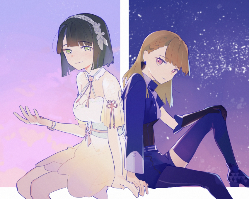 2girls aoku_haruka/flower bare_shoulders black_hair blue_pantyhose blue_shirt blue_shoes blue_shorts blue_thighhighs blunt_bangs blunt_ends bob_cut braid breasts brown_hair center-flap_bangs commentary criss-cross_halter cropped_shirt dress feet_out_of_frame gradient_background gradient_clothes gradient_dress green_eyes halter_dress halterneck hand_up high_heels kachimachi_kosuzu ladybug/beauty_(love_live!) large_breasts link!_like!_love_live! long_hair looking_at_viewer love_live! medium_breasts momose_ginko multiple_girls off-shoulder_dress off_shoulder official_alternate_costume orange_dress out_of_frame pantyhose parted_lips pink_eyes pipi_(m1x_mix) purple_background shirt shoes short_hair shorts side_braids simple_background single_leg_pantyhose single_thighhigh sitting thighhighs virtual_youtuber white_dress