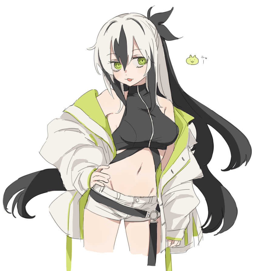 1girl bare_shoulders black_hair breasts cropped_legs cropped_shirt fate/grand_order fate_(series) green_eyes hair_between_eyes hand_on_own_hip highres jacket kaigan0211 long_hair long_sleeves looking_at_viewer midriff multicolored_hair nagao_kagetora_(fate) navel open_clothes open_mouth shorts sleeveless smile solo translation_request two-tone_hair uesugi_kenshin_(fate) uesugi_kenshin_(second_ascension)_(fate) white_hair white_jacket white_shorts