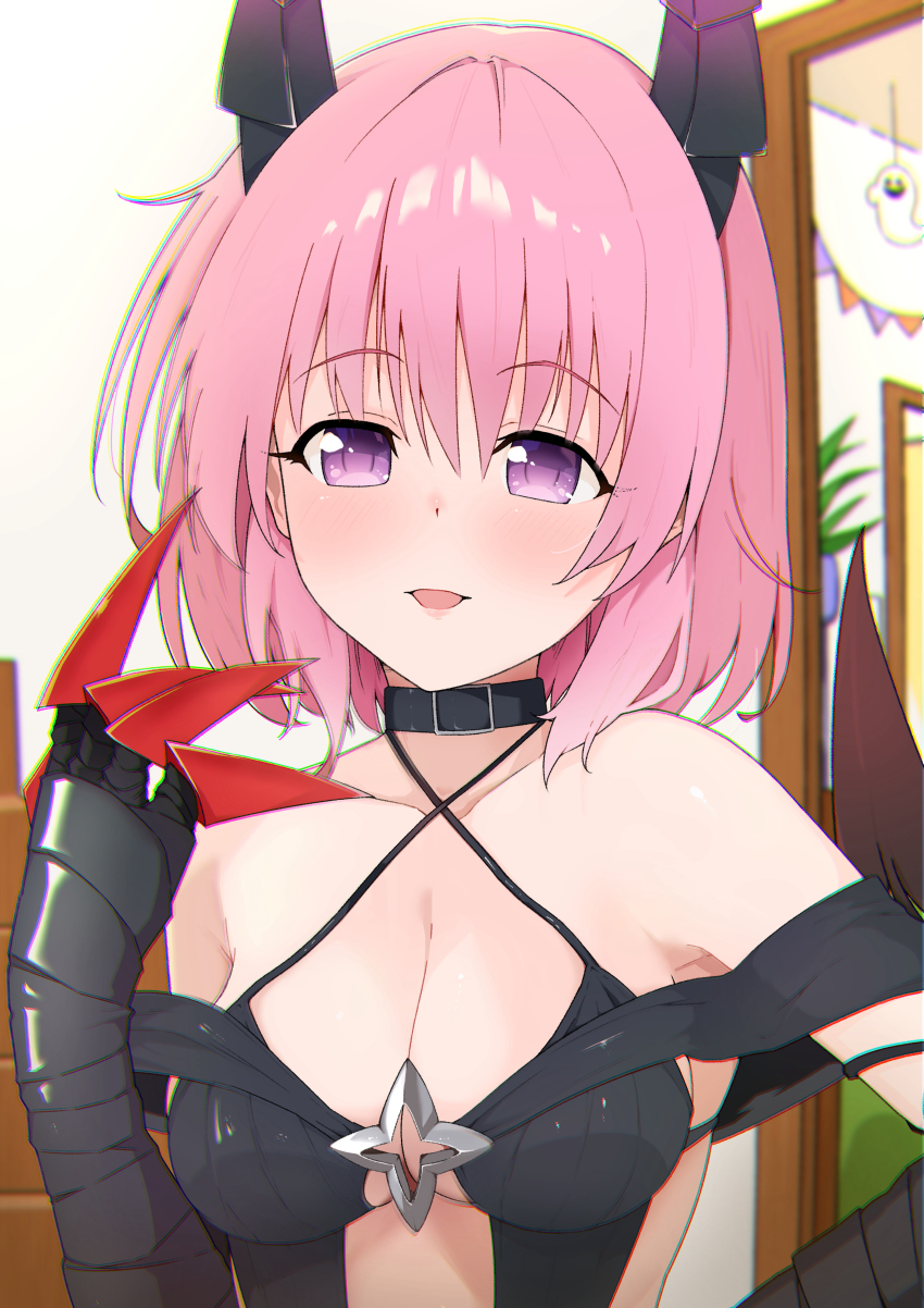 1girl absurdres bare_shoulders black_choker black_horns blush breasts choker claws cleavage collarbone cosplay demon_girl demon_tail heart heart_tail highres horns konjiki_no_yami konjiki_no_yami_(cosplay) konjiki_no_yami_(darkness_mode) konjiki_no_yami_(darkness_mode)_(cosplay) looking_at_viewer medium_breasts momo_velia_deviluke open_mouth pink_hair purple_eyes revealing_clothes short_hair smile solo tail to_love-ru to_love-ru_darkness upper_body