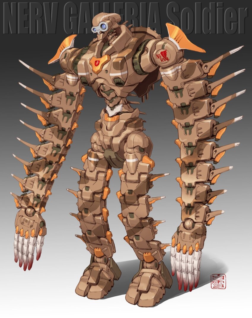 blue_eyes character_name full_body gradient_background head_tilt highres laputa_robot logo long_arms maeda_hiroyuki mecha mecha_focus neon_genesis_evangelion nerv no_humans redesign robot solo tenkuu_no_shiro_laputa