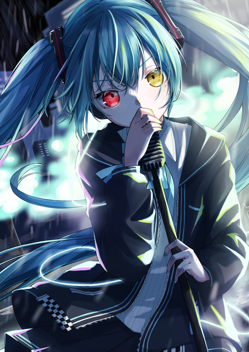 1girl absurdres bad_id bad_pixiv_id blue_hair covered_mouth hair_ornament hatsune_miku heterochromia highres holding holding_microphone holding_microphone_stand hood hood_down hoodie long_hair long_sleeves looking_at_viewer microphone microphone_stand nagitofuu project_diva_(series) red_eyes hatsune_miku_(silent_voice) skirt solo twintails very_long_hair vocaloid yellow_eyes