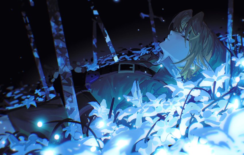 1boy black_background blonde_hair blue_flower closed_eyes dele14375735 field fingerless_gloves flower flower_field gloves green_headwear green_tunic highres link lying male_focus nintendo on_back own_hands_clasped own_hands_together parted_bangs pointy_ears profile shoulder_belt silent_princess solo the_legend_of_zelda the_legend_of_zelda:_ocarina_of_time tunic