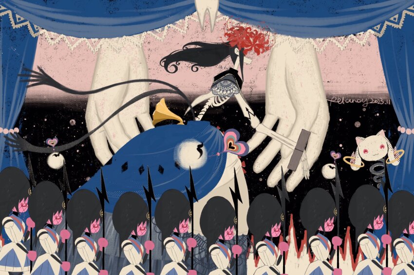 anthony_(madoka_magica) black_hair curtains disembodied_hand familiar_(madoka_magica) flower highres holding holding_weapon homulilly kaname_madoka kyubey lotte_(madoka_magica) mahou_shoujo_madoka_magica mahou_shoujo_madoka_magica:_hangyaku_no_monogatari mahou_shoujo_madoka_magica_(anime) oktavia_von_seckendorff phonograph puffy_dress relanoy signature skeleton soldier spider_lily stocks surreal tooth ultimate_madoka veil weapon witch&#039;s_labyrinth witch_(madoka_magica)