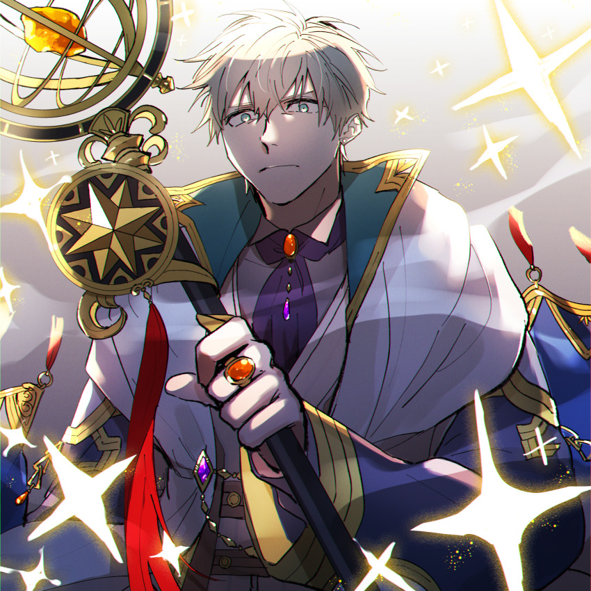 1boy ascot blue_eyes closed_mouth gloves gradient_background hagiography highres holding holding_staff jewelry looking_at_viewer male_focus purple_ascot ring roie_(yume-100) solo sparkle staff upper_body white_gloves yume_oukoku_to_nemureru_100-nin_no_ouji-sama