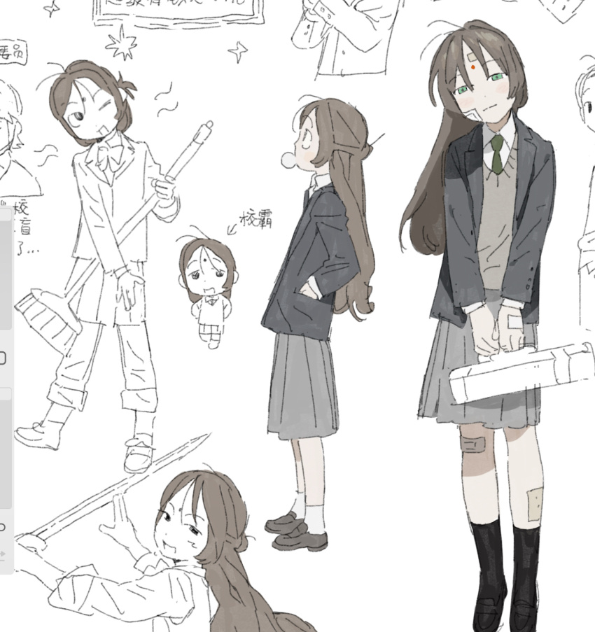 1girl ankle_socks blazer broom brown_hair facial_mark forehead_mark highres huadian jacket kneehighs loafers long_hair ma_fu medium_skirt multiple_views original pleated_skirt school_uniform shoes skirt socks sword weapon