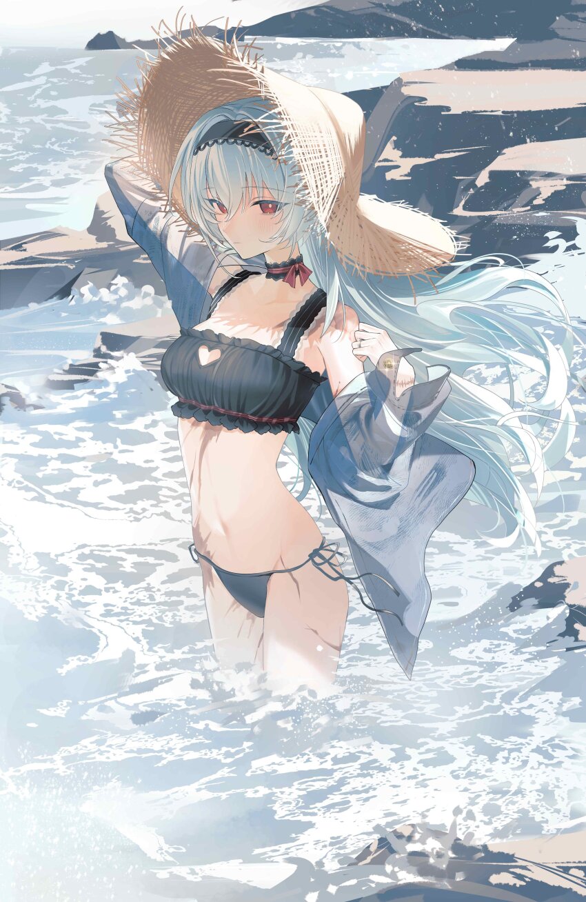 1girl absurdres alternate_costume bikini black_bikini black_choker black_hairband blue_hair choker closed_mouth commentary_request commission girls&#039;_frontline gwendolynstore hairband hat highres long_hair looking_at_viewer off_shoulder partially_submerged red_eyes scar scar_on_chest scar_on_hip scar_on_leg side-tie_bikini_bottom solo stitches straw_hat sun_hat swimsuit thunder_(girls&#039;_frontline) water