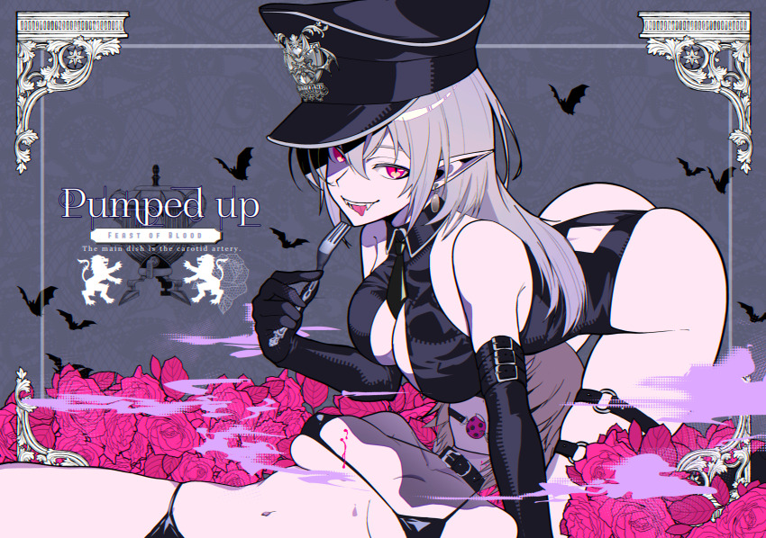 2girls ass ball_gag bare_shoulders bat_(animal) bdsm bent_over bikini black_bikini black_gloves black_hat black_leotard black_necktie blindfold breasts brown_hair buckle cleavage collar collarbone commission crest earrings elbow_gloves english_text fangs flower fork gag gagged gloves grey_background grey_hair hair_between_eyes hat highres holding holding_fork jewelry large_breasts leotard long_hair looking_at_viewer lying medium_breasts micro_bikini multiple_girls navel necktie o-ring on_back open_mouth original patterned_background peaked_cap pink_eyes pink_flower pink_rose pixiv_commission pointy_ears rose ryuu_tou short_hair slit_pupils swimsuit teeth thigh_strap tongue tongue_out upper_teeth_only