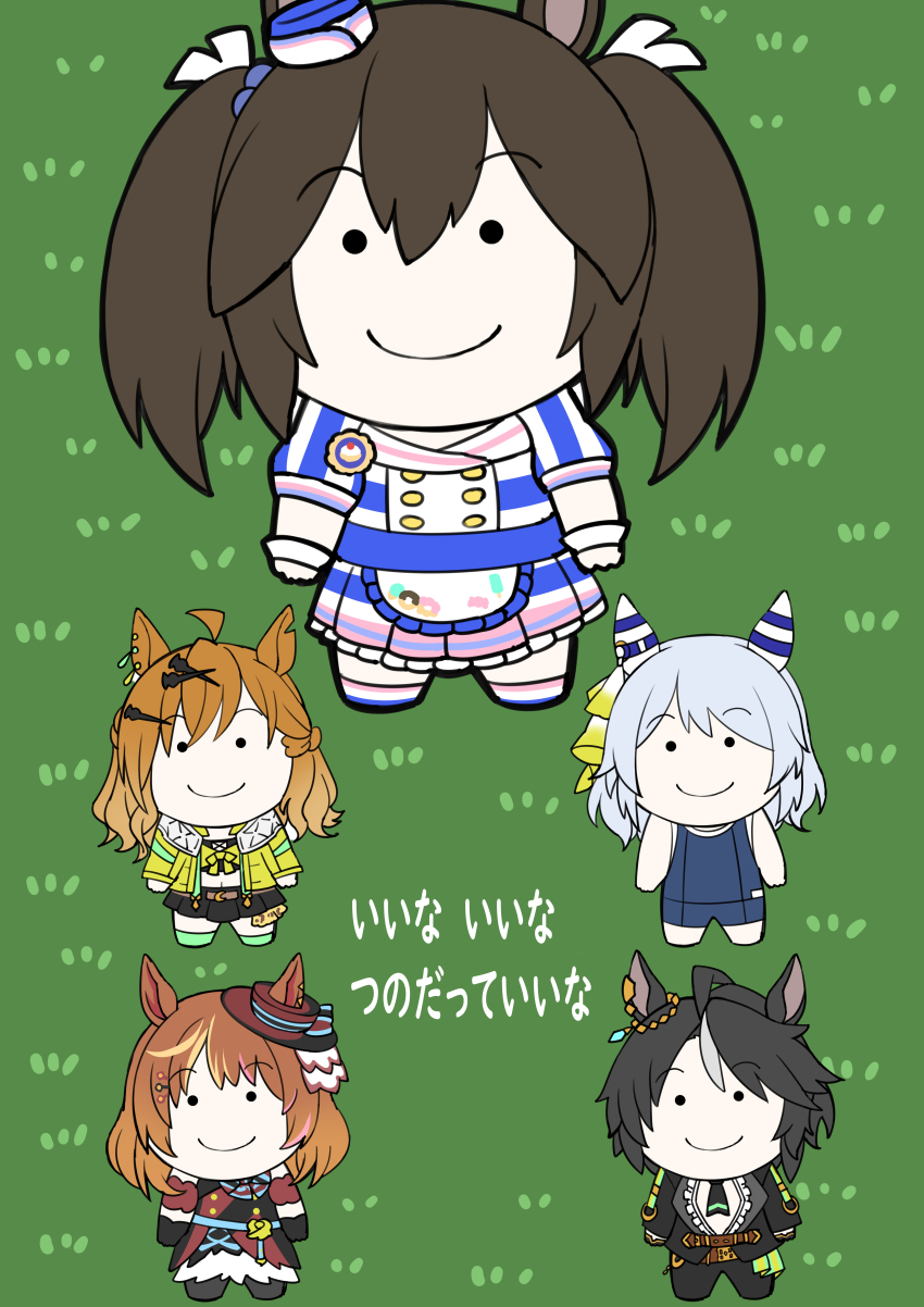 5girls absurdres ahoge alternate_costume animal_ears aramori_susumu black_hair brown_hair commentary_request fuji_kiseki_(umamusume) giant giantess grass grey_hair hair_ornament highres hishi_akebono_(umamusume) hishi_miracle_(umamusume) horse_ears jungle_pocket_(umamusume) multiple_girls north_flight_(umamusume) parody smile standing swimsuit tracen_swimsuit translation_request umamusume