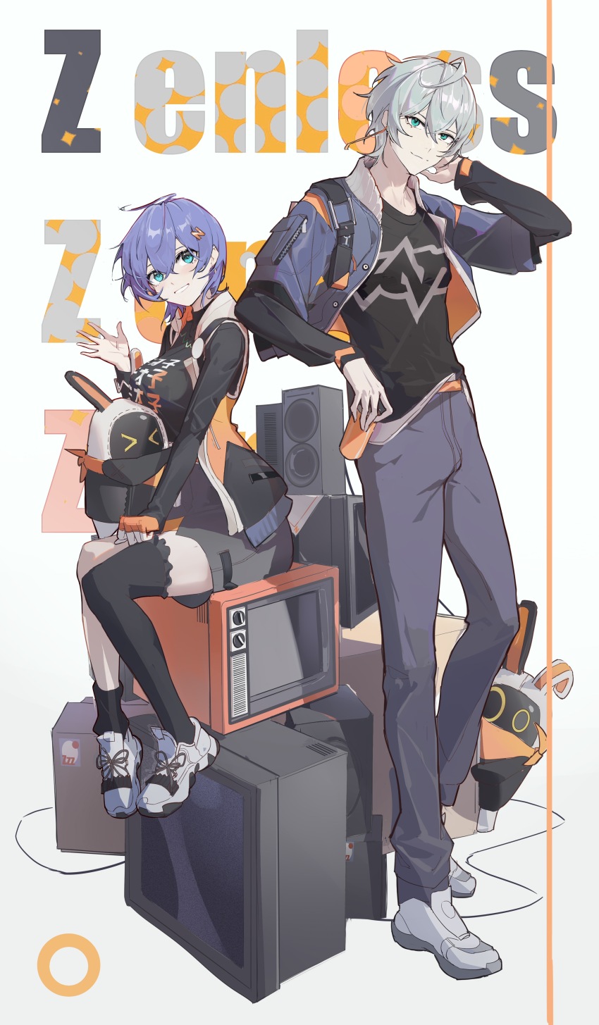 1boy 1girl absurdres aqua_eyes bangboo_(zenless_zone_zero) belle_(zenless_zone_zero) black_shirt black_socks black_thighhighs blue_hair breasts brother_and_sister can chinese_commentary commentary_request copyright_name crt denim denim_jacket drink_can eous_(zenless_zone_zero) fingerless_gloves gloves grey_hair grey_pants grey_skirt hair_between_eyes hair_ornament hand_on_own_head highres holding holding_can hood hoodie jacket large_breasts looking_at_viewer open_clothes open_jacket orange_gloves orange_hoodie pants refa shirt shoes siblings single_glove single_thighhigh sitting skirt sleeveless sleeveless_hoodie smile sneakers socks soda_can teeth thighhighs thighs waving white_footwear white_sneakers wise_(zenless_zone_zero) zenless_zone_zero