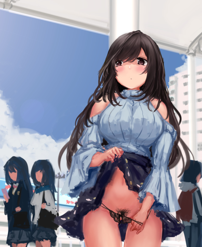 1girl black_panties black_skirt blue_sweater blush breasts brown_eyes brown_hair cleavage closed_mouth clothes_lift clothing_cutout exhibitionism highres hip_focus hu_sea idolmaster idolmaster_shiny_colors large_breasts long_hair long_sleeves outdoors panties pubic_hair public_indecency ribbed_sweater shoulder_cutout skirt skirt_lift sweater swept_bangs tsukioka_kogane turtleneck turtleneck_sweater underwear