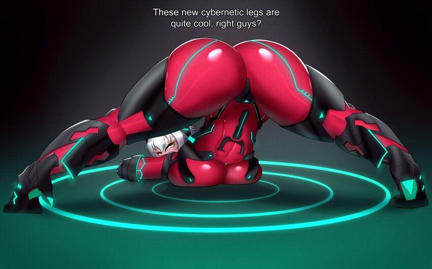1girl absurdres ass ass_focus bodysuit breasts english_text highres huge_ass huge_breasts jack-o&#039;_challenge qiya red_bodysuit short_hair solo spread_legs virtual_youtuber vshojo white_hair yellow_eyes zentreya zentreya_(cyborg) zentreya_(cyborg)_(1st_costume)