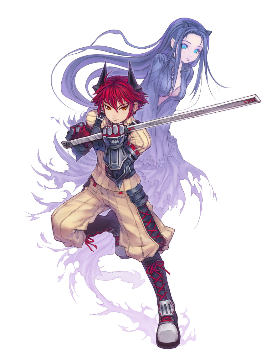 1boy 1girl absurdres arin blue_eyes blue_hair boots breasts gauntlets ghost highres horns karen_(pangya) kaz pangya red_hair short_hair sword torn_clothes weapon