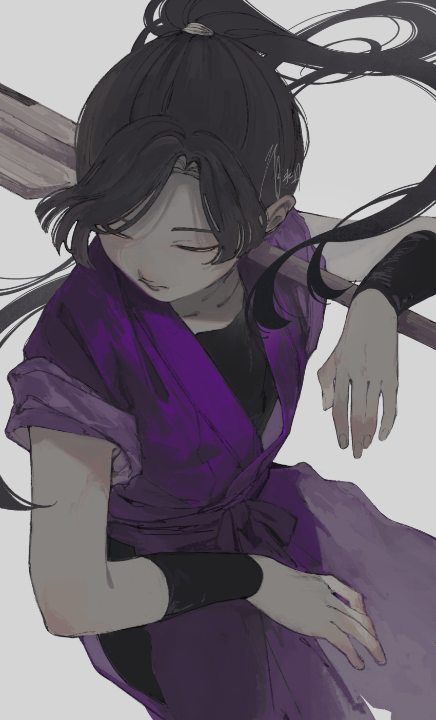 1boy absurdres androgynous ayabe_kihachirou black_hair commentary from_above highres holding japanese_clothes long_hair motoyui ponytail rakudai_ninja_rantarou shimizu_en_(shimizuen3310) signature simple_background solo wristband
