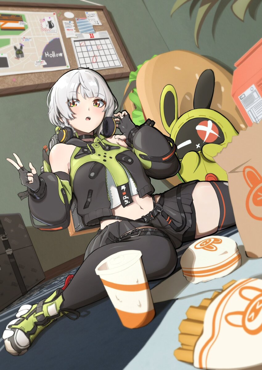 1girl 1other amillion_(zenless_zone_zero) anby_demara backpack bag bangboo_(zenless_zone_zero) bare_shoulders belted_skirt black_gloves black_skirt black_thighhighs braid braided_sidelocks bulletin_board burger calendar_(object) collar commentary_request crop_top cup drink fingerless_gloves food french_fries from_below gloves green_jacket green_shoes green_sleeves grey_hair headphones headphones_around_neck highres indoors jacket looking_at_viewer midriff multicolored_sleeves navel note on_floor open_mouth orange_eyes plant potyaskeleton shoes short_hair sitting skirt sleeveless sleeveless_jacket suitcase thighhighs w wariza zenless_zone_zero