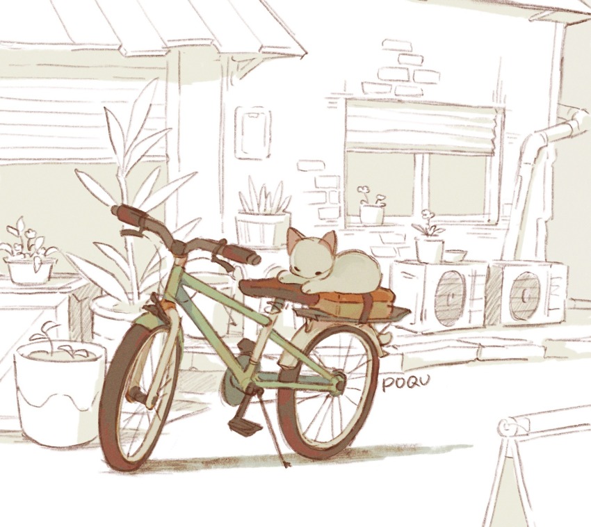 air_conditioner awning bicycle brick building cat check_copyright commentary copyright_request english_commentary flower highres industrial_pipe leaf looking_down no_humans one_eye_closed original partially_colored plant poqu potted_plant sandwich_board sidewalk signature sprout white_cat window window_blinds