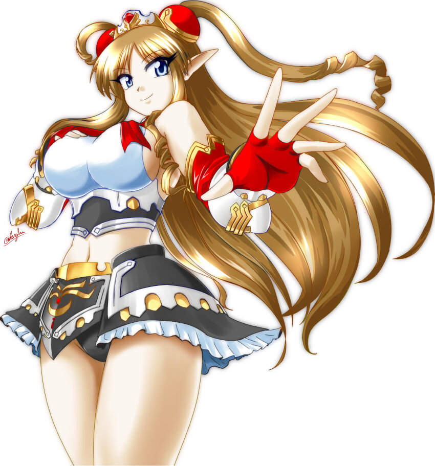 1girl absurdres blue_eyes breasts brown_hair cleavage drill_hair fingerless_gloves gloves hair_ornament highres large_breasts long_hair midriff navel negimura_kisara neige_hausen pointy_ears sideboob skirt solo super_robot_wars super_robot_wars_og_saga_mugen_no_frontier super_robot_wars_og_saga_mugen_no_frontier_exceed