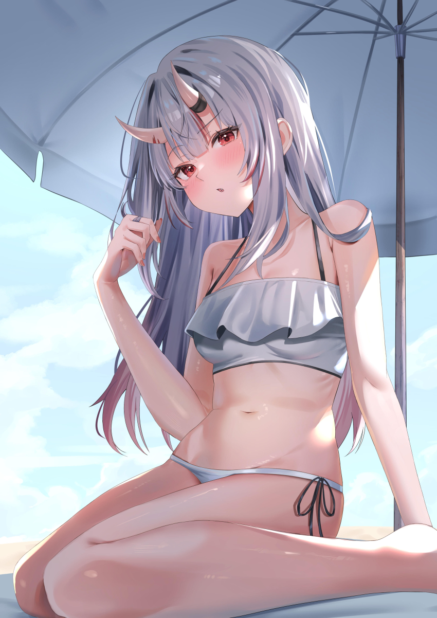 1girl absurdres alternate_costume armpit_crease bare_arms bare_legs bare_shoulders beach beach_mat beach_umbrella bikini blush bow breasts commentary_request double-parted_bangs fang fingernails foot_out_of_frame frilled_bikini_top gabuchi gradient_hair grey_hair highres hololive horns long_hair looking_at_viewer multicolored_hair nakiri_ayame navel oni outdoors parted_lips red_bow red_eyes red_nails side-tie_bikini_bottom sitting skin-covered_horns solo stomach swimsuit twirling_hair umbrella virtual_youtuber wariza white_bikini