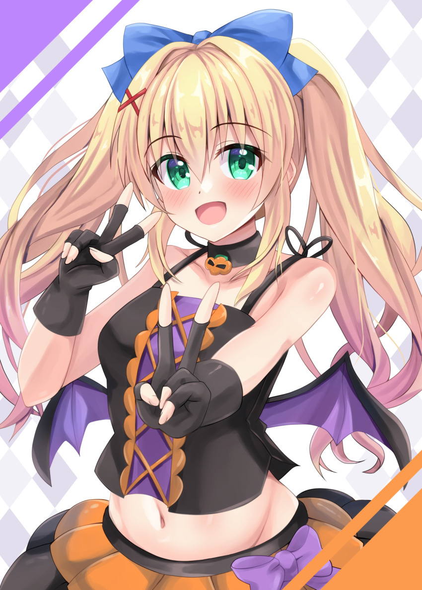 1girl :d alternate_costume bare_shoulders black_camisole black_choker black_gloves blonde_hair blue_bow blush bow bow_skirt camisole choker collarbone colored_eyelashes commentary_request cowboy_shot demon_wings double_v eyes_visible_through_hair fake_wings fingerless_gloves gloves green_eyes hair_between_eyes hair_bow hair_intakes hair_ornament halloween_costume hand_up happy highres long_hair looking_at_viewer low_wings midriff minatoto navel open_mouth orange_skirt outstretched_arm purple_bow sidelocks simple_background skirt smile solo summer_pockets tsumugi_wenders twintails v white_background wings x_hair_ornament