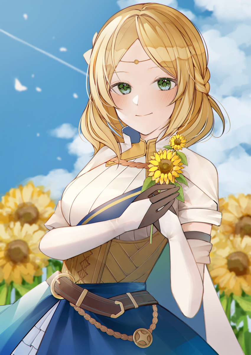 absurdres belt blonde_hair blue_eyes braid cape capelet circlet commission commissioner_upload corset fire_emblem fire_emblem_warriors flower frilled_skirt frills hair_flower hair_ornament hairpin highres holding_to_chest lianna_(fire_emblem) nerua nintendo princess sash short_hair skirt smile solo sunflower sunflower_hair_ornament tiara