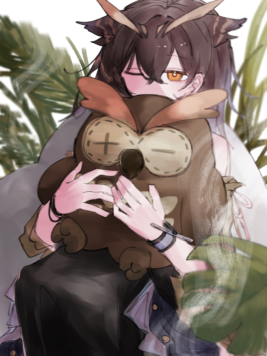 1girl absurdres arknights black_skirt blanket blush bracelet bright_pupils brown_hair coffee_toranpu commentary_request feather_hair feet_out_of_frame highres holding holding_stuffed_toy jewelry knees_up one_eye_closed plant short_hair silence_(arknights) simple_background skirt solo stuffed_owl stuffed_toy white_background white_pupils yellow_eyes