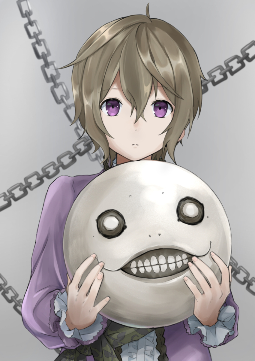 1boy brown_hair chain closed_mouth commentary_request dot_nose emil_(human)_(nier) emil_(nier) grey_background hair_between_eyes highres looking_at_viewer male_focus nana28_tteyatu_(nanakusagayu_28) nier nier_(series) purple_eyes short_hair solo standing