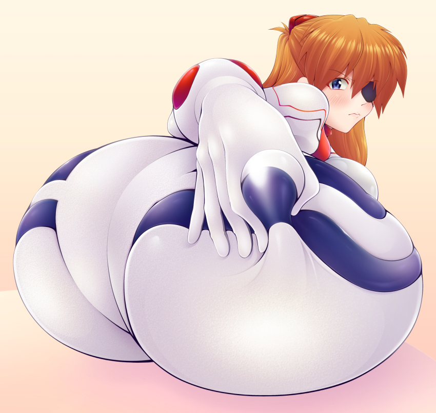 1girl ass ass_focus blue_eyes bodysuit evangelion:_3.0_you_can_(not)_redo eyepatch grabbing_own_ass hand_on_own_ass highres huge_ass lips looking_at_viewer looking_back mecha_pilot_suit neon_genesis_evangelion orange_hair pixiv1478062 plugsuit_(evangelion) rebuild_of_evangelion simple_background skin_tight solo souryuu_asuka_langley tsundere white_bodysuit wide_hips