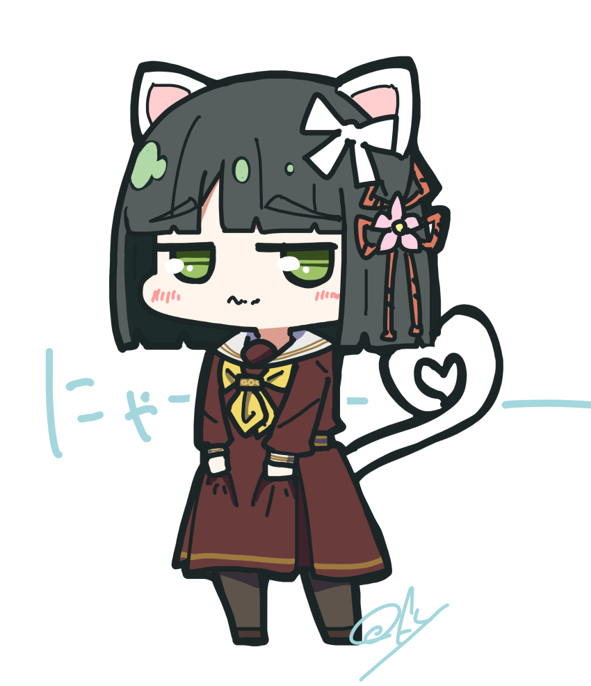 1girl absurdres animal_ears black_pantyhose blush bow brown_dress brown_shoes cat_ears cat_girl cat_tail chibi chibi_only clothes_grab commentary dress dress_grab embarrassed flower flower_knot full_body green_eyes green_hair hair_bow hair_flower hair_ornament hasu_no_sora_school_uniform heart heart_tail highres jitome kemonomimi_mode link!_like!_love_live! long_sleeves love_live! medium_dress momose_ginko neckerchief nyan oofushi_ao pantyhose pink_flower pleated_dress raised_inner_eyebrows sailor_collar sailor_dress sakurai_hina school_uniform shoes short_hair simple_background solo standing symbol-only_commentary tail virtual_youtuber voice_actor_connection wavy_mouth white_background white_bow white_sailor_collar winter_uniform yellow_neckerchief