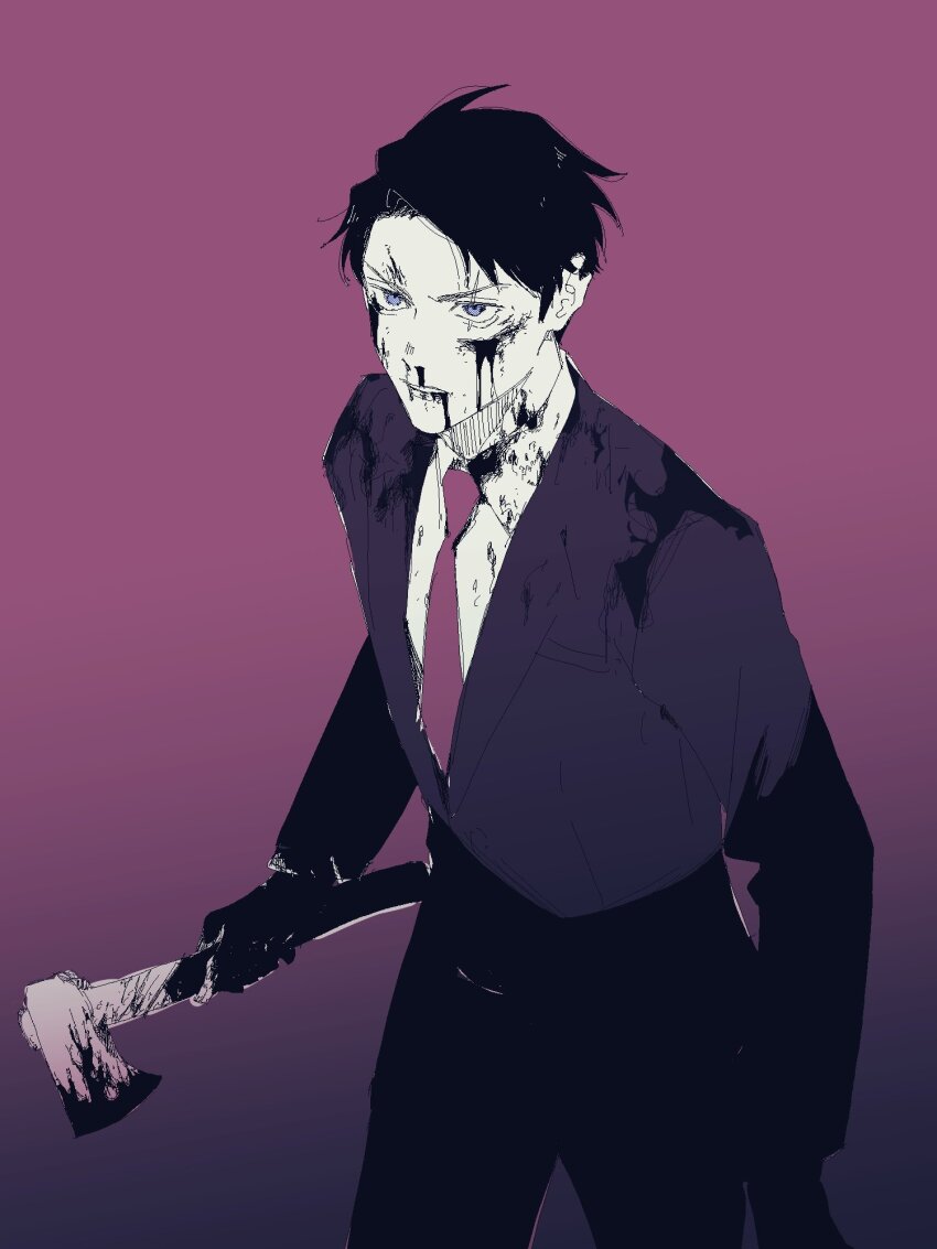 1boy axe black_hair black_jacket black_pants blood blood_from_mouth blood_on_clothes blood_on_face bloody_weapon collared_shirt commentary_request curtained_hair formal_clothes gegege_no_kitarou gradient_background hatchet_(axe) highres holding holding_axe holding_weapon jacket long_sleeves looking_ahead male_focus mizuki_(gegege_no_kitarou) necktie nosebleed pants red_necktie shirt short_hair solo standing suit suit_jacket urup_zzz v-shaped_eyebrows weapon white_shirt wing_collar