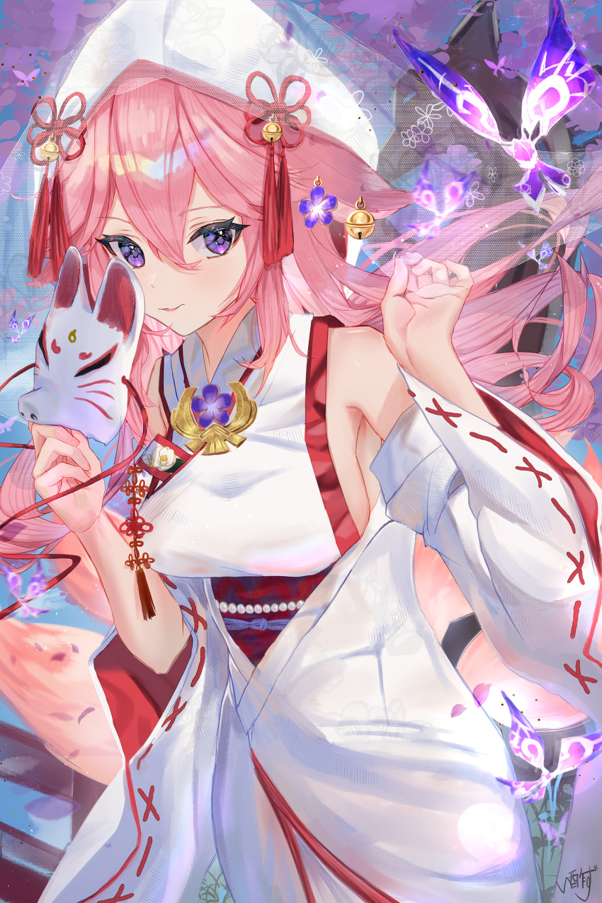 1girl absurdres animal_ears breasts bug butterfly cowboy_shot crystalfly_(genshin_impact) detached_sleeves earrings flower fox_ears fox_mask genshin_impact hair_between_eyes hair_flower hair_ornament highres holding holding_mask insect isuzu_(an_icy_cat) japanese_clothes jewelry kimono large_breasts long_hair looking_at_viewer mask pink_hair purple_eyes signature smile uchikake vision_(genshin_impact) yae_miko