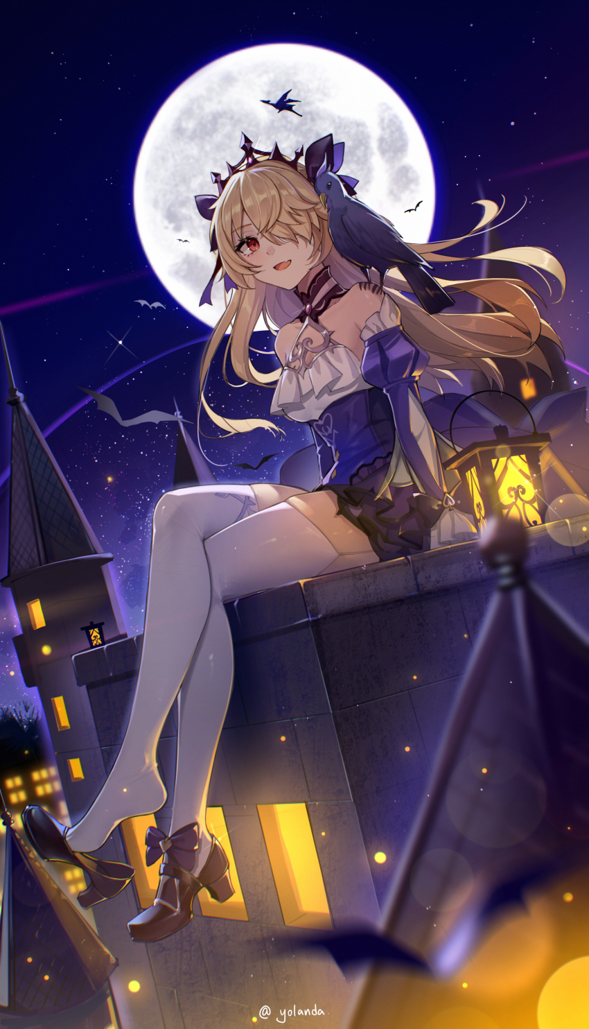 1girl absurdres animal bare_shoulders bird black_shoes blonde_hair building crow detached_sleeves eyepatch fischl_(ein_immernachtstraum)_(genshin_impact) fischl_(genshin_impact) genshin_impact highres lamp moon night night_sky oz_(genshin_impact) red_eyes ribbon right_shoe_removed shoe_dangle shoes skindentation sky solo star_(sky) starry_sky thighhighs thighs white_thighhighs yolanda zettai_ryouiki