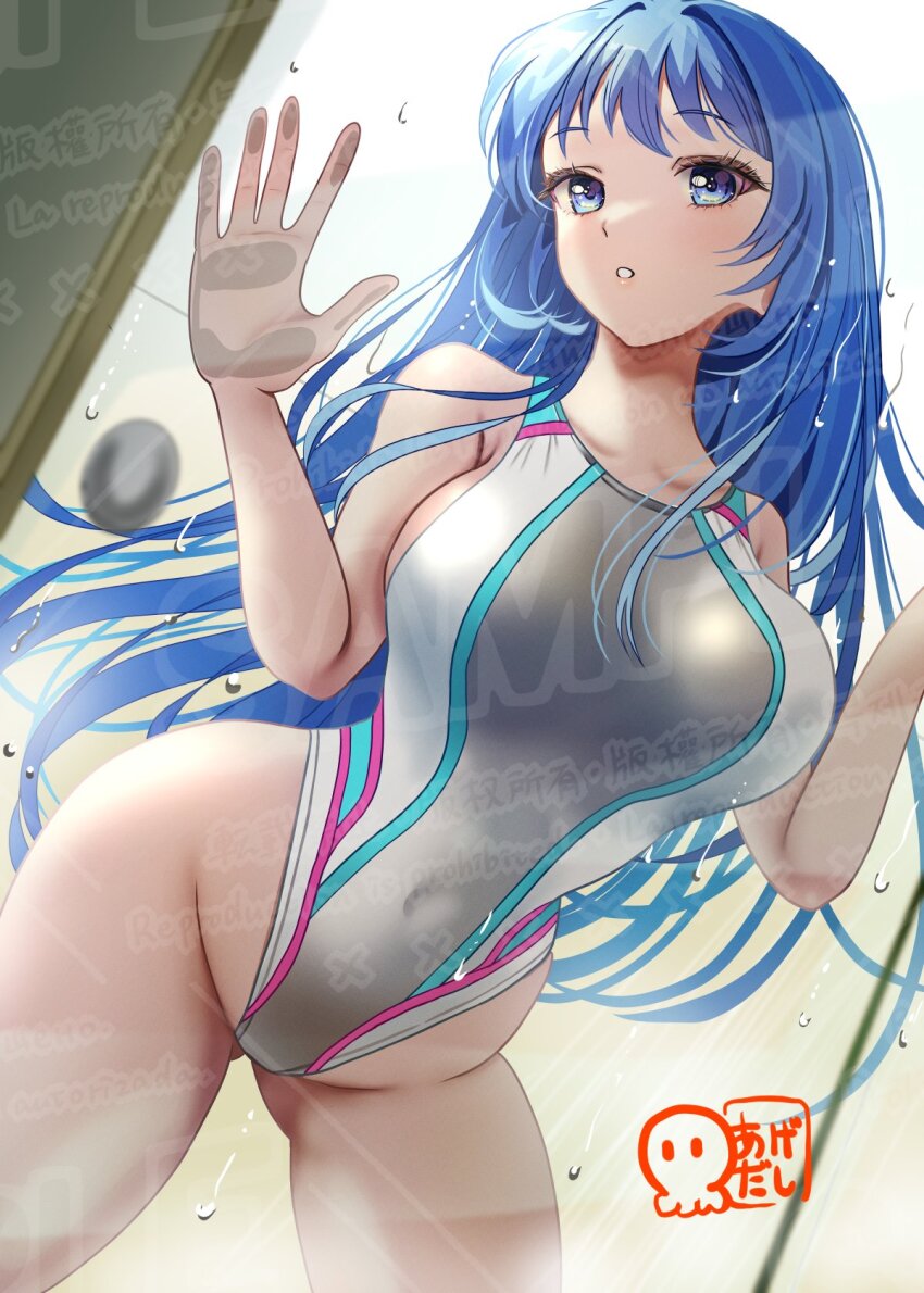 1girl against_glass agedashi_doufu_mk23 artist_logo blue_eyes blue_hair breasts commentary_request cowboy_shot dutch_angle grey_one-piece_swimsuit highleg highleg_one-piece_swimsuit highres large_breasts logo long_hair multicolored_swimsuit one-piece_swimsuit original parted_lips sample_watermark solo swimsuit watermark