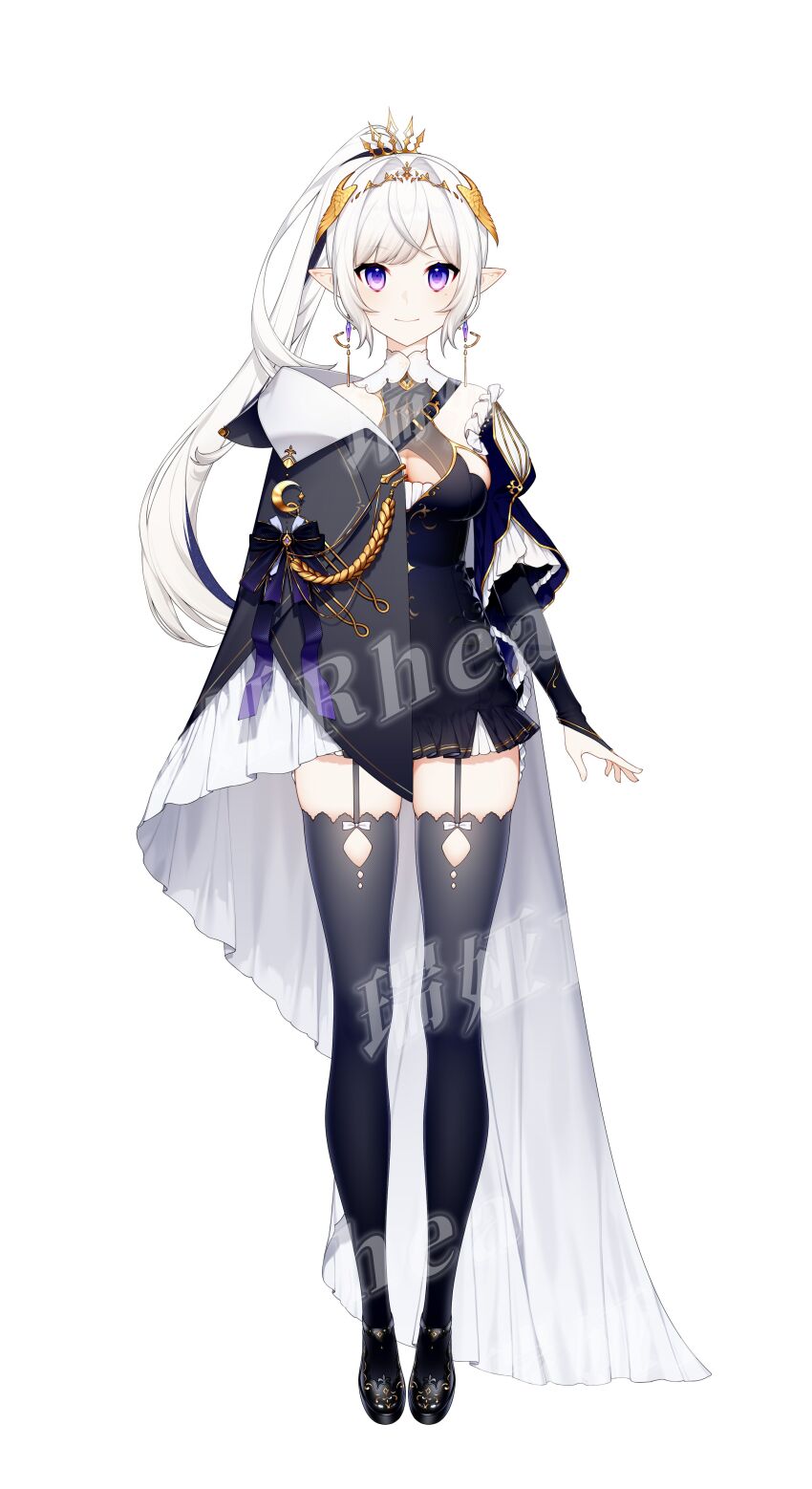 1girl absurdres black_bridal_gauntlets black_cape black_dress black_footwear black_hair black_thighhighs blonde_hair breasts bridal_gauntlets cape cleavage cleavage_cutout clothing_cutout diadem dress earrings full_body garter_straps hair_ornament highres jewelry long_hair medium_breasts multicolored_hair nijisanji official_art pointy_ears ponytail purple_eyes rhea_(virtuareal) short_dress shoulder_cutout skindentation three-quarter_sleeves solo standing streaked_hair tachi-e thighhighs two-tone_cape virtual_youtuber virtuareal watermark white_background white_cape white_hair zettai_ryouiki