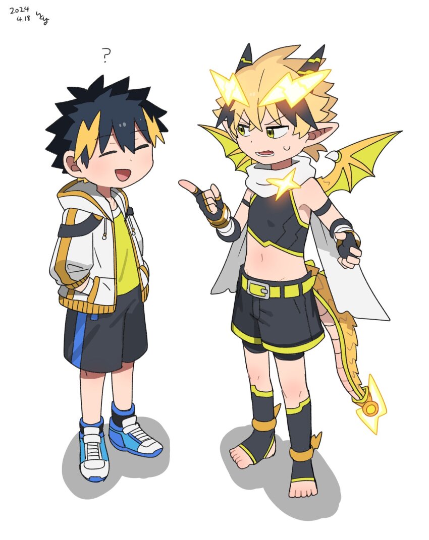 2boys :d aged_down animal_ears bike_shorts black_hair blonde_hair dragon_boy dragon_ears dragon_horns dragon_tail dragon_wings genderswap genderswap_(ftm) highres horns itoriyo multiple_boys open_mouth original pointy_ears raisei_no_ryu_tsukai short_hair shorts simple_background smile tail white_background wings yellow_eyes