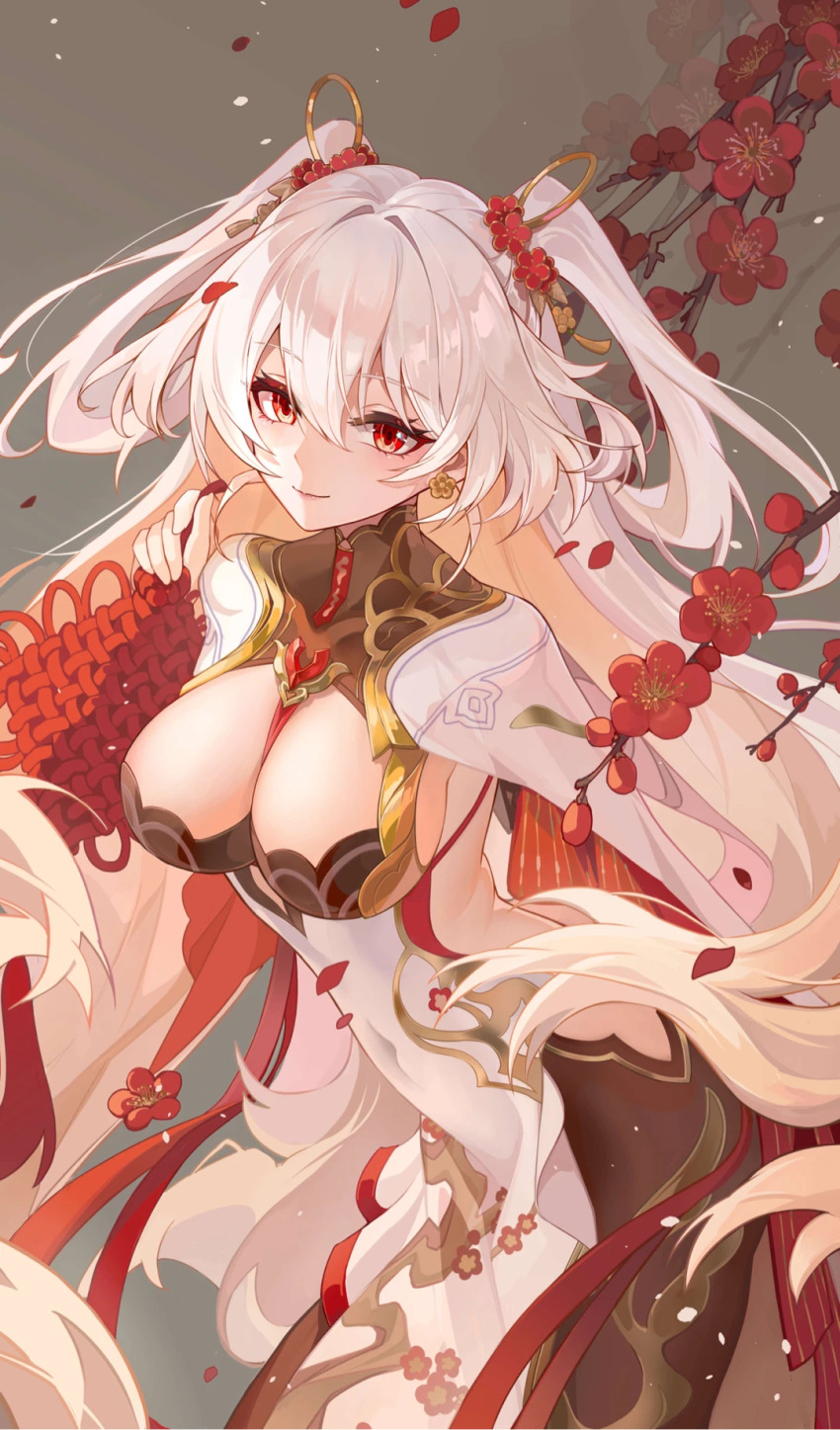 1girl ai_dongdong black_collar breasts cleavage closed_mouth collar covered_navel cowboy_shot dress earrings flower grey_background hand_up highres holding honkai_(series) honkai_impact_3rd jewelry large_breasts leaning_forward long_hair looking_at_viewer official_alternate_costume plum_blossoms red_eyes red_petals smile solo theresa_apocalypse theresa_apocalypse_(luna_kindred) theresa_apocalypse_(lunar_vow:_crimson_love) theresa_apocalypse_(redolent_in_red) twintails very_long_hair white_dress white_hair