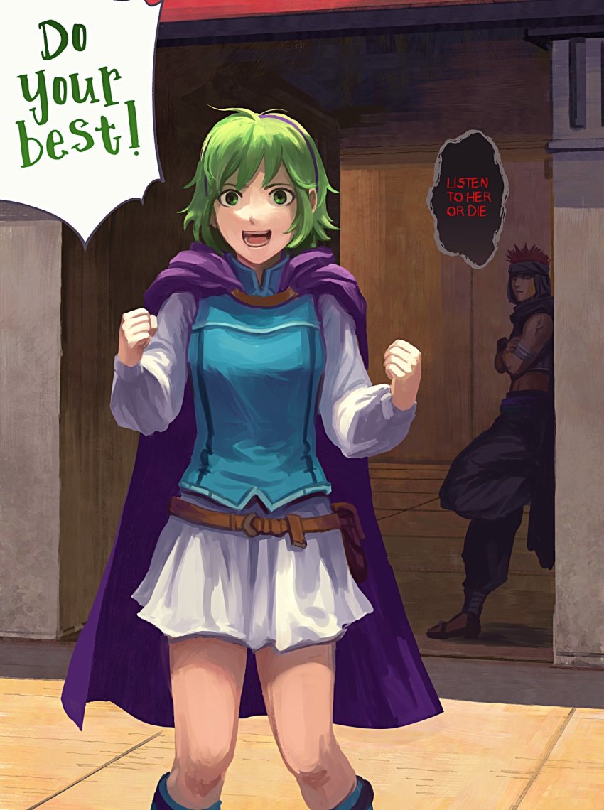 bad_id bad_twitter_id black_scarf blue_shirt cape english_text fire_emblem fire_emblem:_the_blazing_blade green_eyes green_hair highres jaffar_(fire_emblem) leaning_back miniskirt nino_(fire_emblem) nintendo open_mouth pouch purple_cape red_hair scarf shirt skirt speech_bubble tattoo vetsa