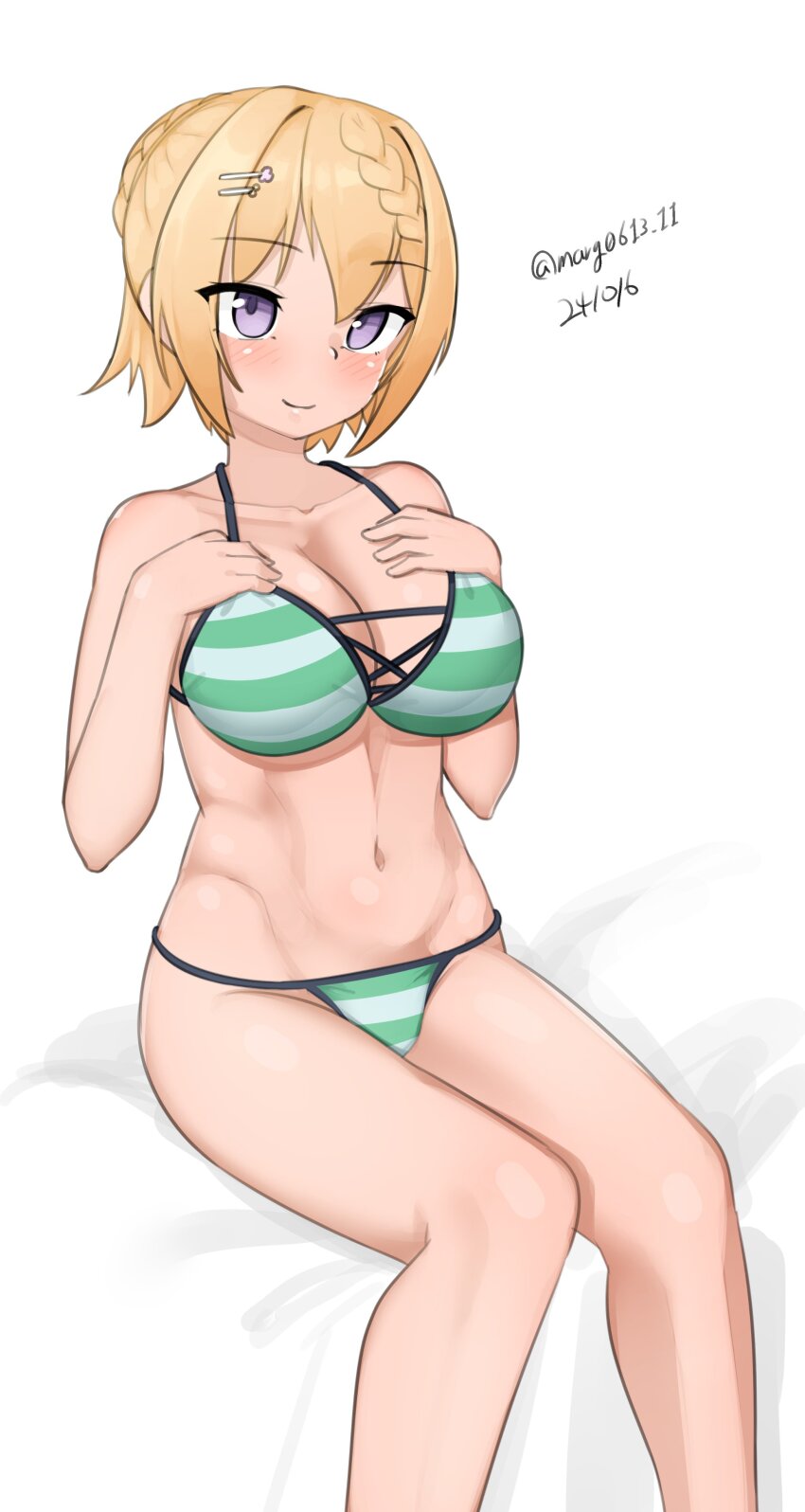 1girl absurdres bikini blonde_hair braid braided_bangs braided_bun breasts cleavage dated feet_out_of_frame green_bikini hair_bun hands_on_own_chest highres kantai_collection large_breasts maru_(marg0613) one-hour_drawing_challenge perth_(kancolle) perth_(swimsuit)_(kancolle) purple_eyes short_hair simple_background single_hair_bun sitting solo striped_bikini striped_clothes swimsuit twitter_username white_background