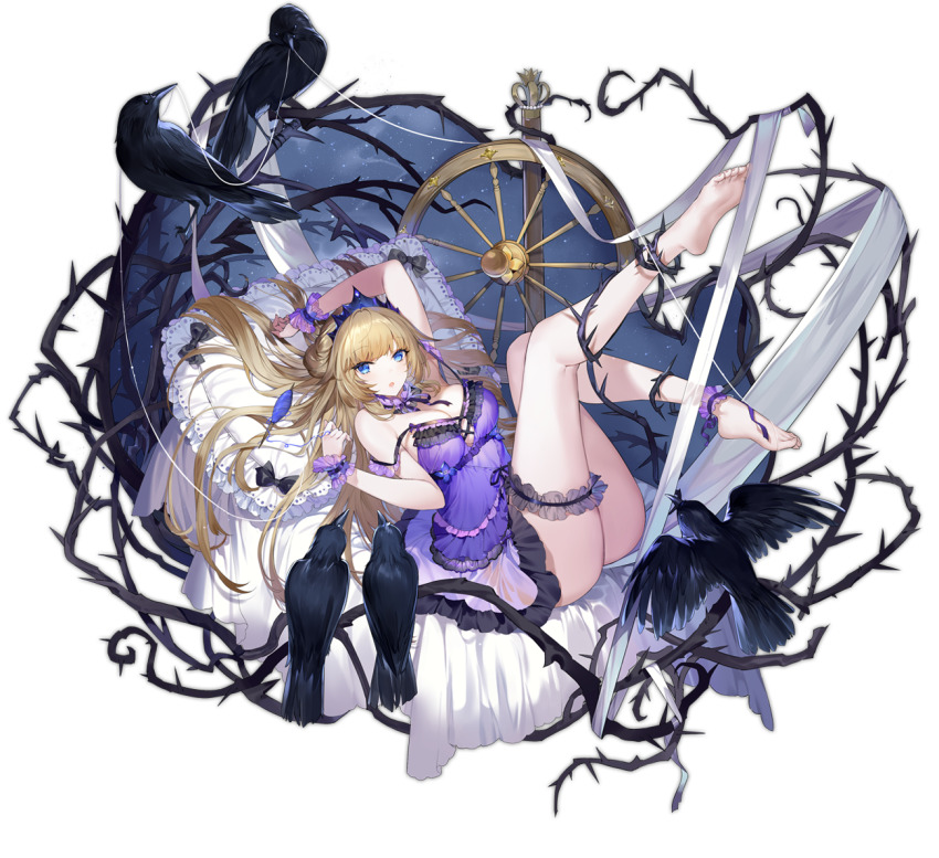 1girl ankle_cuffs ark_order babydoll bare_legs bare_shoulders barefoot bed_sheet bird black_bow blonde_hair blue_eyes bow breasts crow crown crystal flower frilled_thigh_strap full_body hair_bow hatoyama_itsuru large_breasts looking_at_viewer lying official_art on_back open_mouth pillow purple_babydoll rose sleeping_beauty_(ark_order) sleeping_beauty_(disney) sleeping_beauty_(fairy_tale) sleeping_beauty_(fairy_tale_character) solo spindle spinning_wheel tachi-e thigh_strap thorns transparent_background white_flower white_rose wrist_cuffs