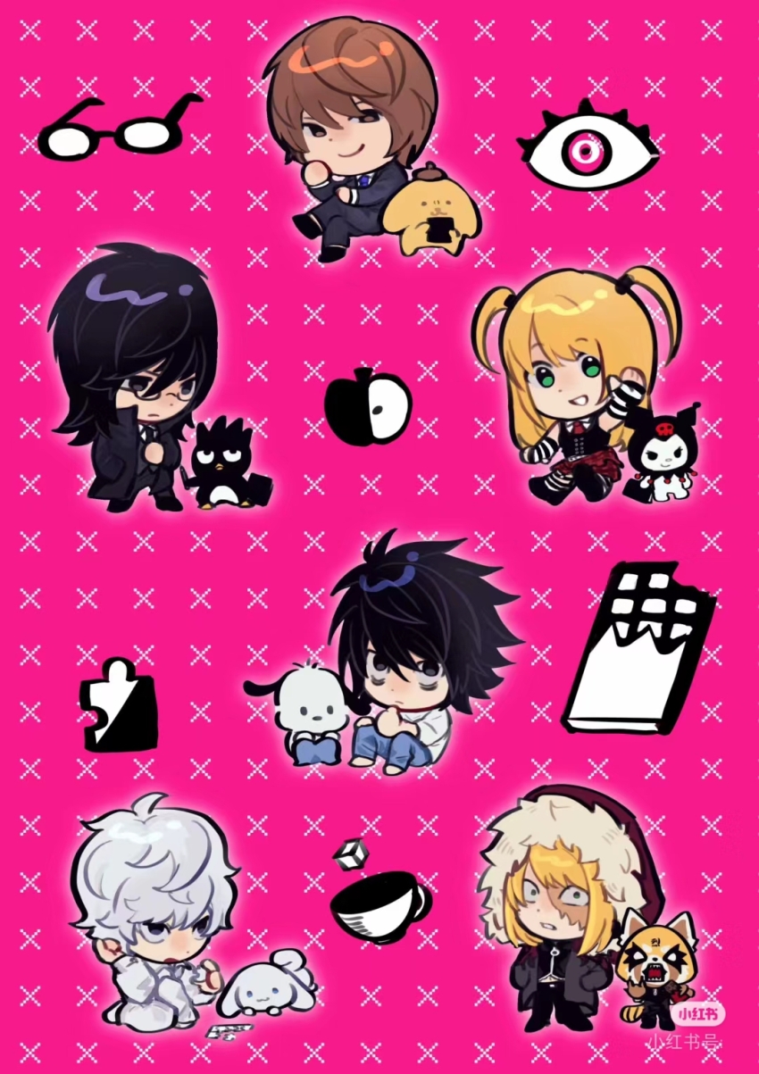 1girl 5boys :o aggressive_retsuko amane_misa apple arm_up arm_warmers badtz-maru bags_under_eyes barefoot black_coat black_eyes black_hair black_necktie black_pants black_shoes black_vest blonde_hair blue_pants brown_eyes brown_hair burn_scar chibi chibi_only chocolate chuqi717811861 cinnamoroll closed_mouth coat collared_shirt commentary constricted_pupils cup death_note death_note_(object) disembodied_eye food fruit full_body fur-trimmed_hood fur_trim glasses green_eyes grey_hair grey_vest grin hair_between_eyes hands_in_pockets highres hood hood_up hooded_coat kuromi l_(death_note) long_hair long_sleeves looking_at_viewer mello_(death_note) messy_hair mikami_teru multiple_boys near_(death_note) necktie open_clothes open_coat pants pink_background pochacco pompompurin purple_background puzzle puzzle_piece red_necktie retsuko sanrio scar scar_on_face semi-rimless_eyewear shirt shoes short_hair sitting sleeveless sleeveless_shirt smile socks striped_arm_warmers striped_clothes striped_socks sugar_cube teacup two_side_up under-rim_eyewear vest watermark white_pants white_shirt wing_collar xiaohongshu_watermark yagami_light