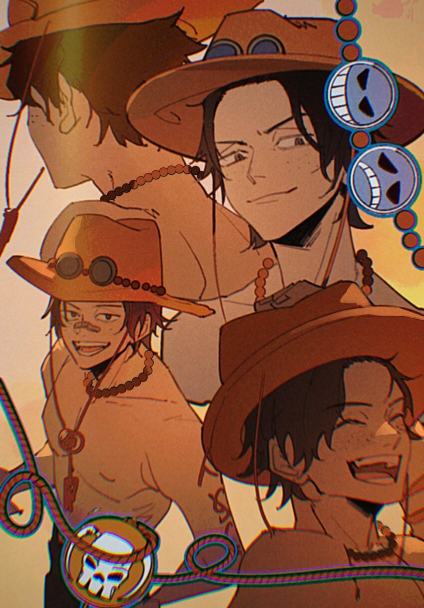 1boy ^_^ arm_tattoo bandaid bandaid_on_face bandaid_on_nose black_hair closed_eyes freckles hashtag-only_commentary hat highres jewelry looking_at_viewer male_focus multiple_views necklace one_piece onecata11 open_mouth orange_hat pearl_necklace portgas_d._ace short_hair smile tattoo