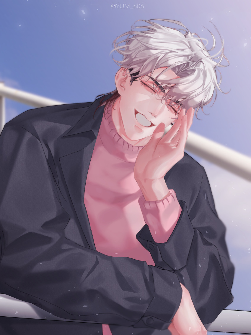 1boy absurdres against_railing black_hair black_jacket blue_sky closed_eyes eunho_(plave) hand_on_railing hand_up highres jacket k-pop light_particles loose_hair_strand medium_hair open_mouth pink_sweater plave railing sky smile solo sweater turtleneck turtleneck_sweater white_hair yum_606