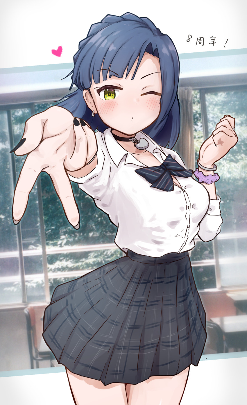 ;o absurdres anniversary black_bow black_bowtie black_choker black_nails black_skirt blue_hair blush bow bowtie breasts choker commentary_request concept_gyarus_(idolmaster) fingernails gyaru gyaru_v heart heart_choker highres idolmaster idolmaster_million_live! idolmaster_million_live!_theater_days kogal kuragezakana looking_at_viewer medium_breasts nail_polish nanao_yuriko one_eye_closed open_clothes open_shirt pleated_skirt school_uniform scrunchie shirt shirt_tucked_in short_hair skirt thighs v white_shirt wrist_scrunchie